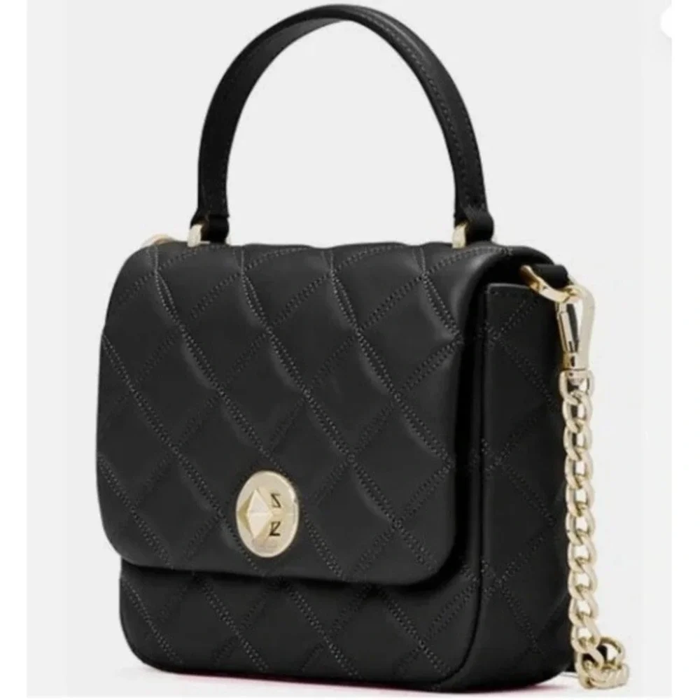 Kate‎ Spade Natalia Square Crossbody Bag Black Quilted Leather Small Flap Chain